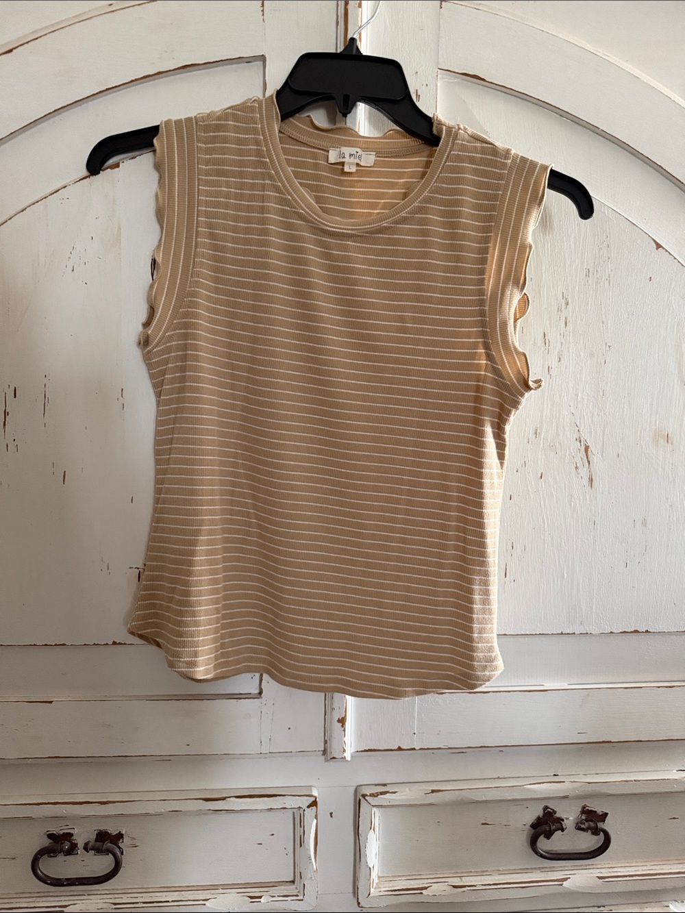 LA MIEL Beige and White Striped Sleeveless Ribbed Tank